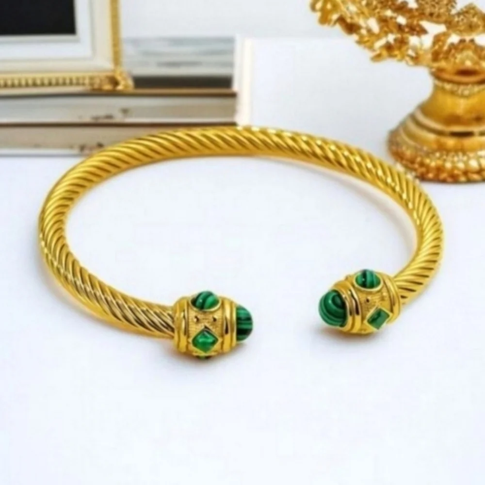 18k Gold Plated Twisted Cable Malachite & Crystal Cuff Bangle Bracelet